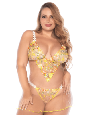 Nuisette grande taille transparente brodée jaune et string 